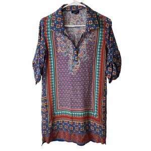 Tolani 100% Silk Boho Tunic Dress Size M Multicolor Geometric Print